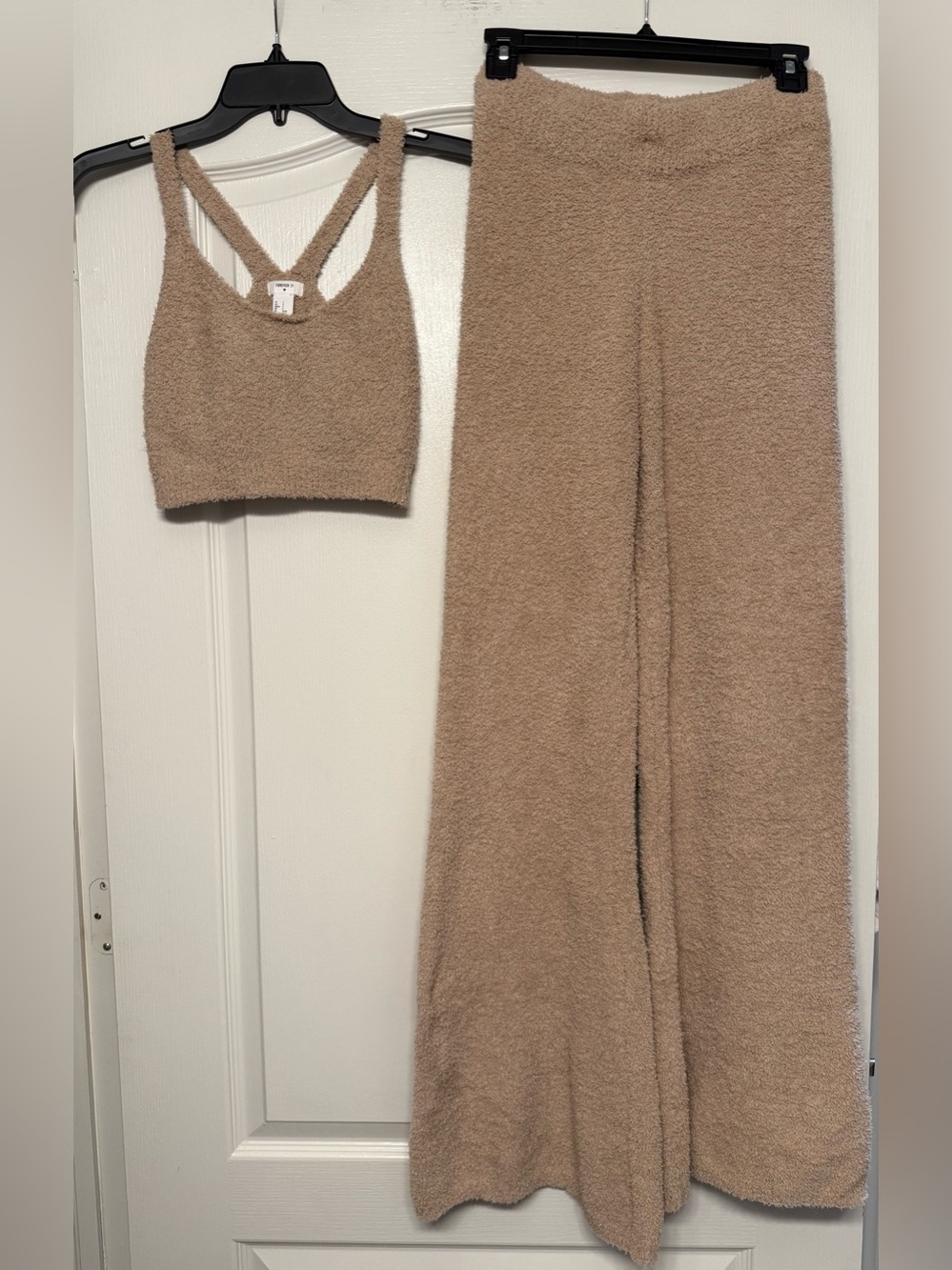 Forever 21 Cozy Plush Lounge Set Beige Eyelash Knit Tank & Wide Leg Pants S